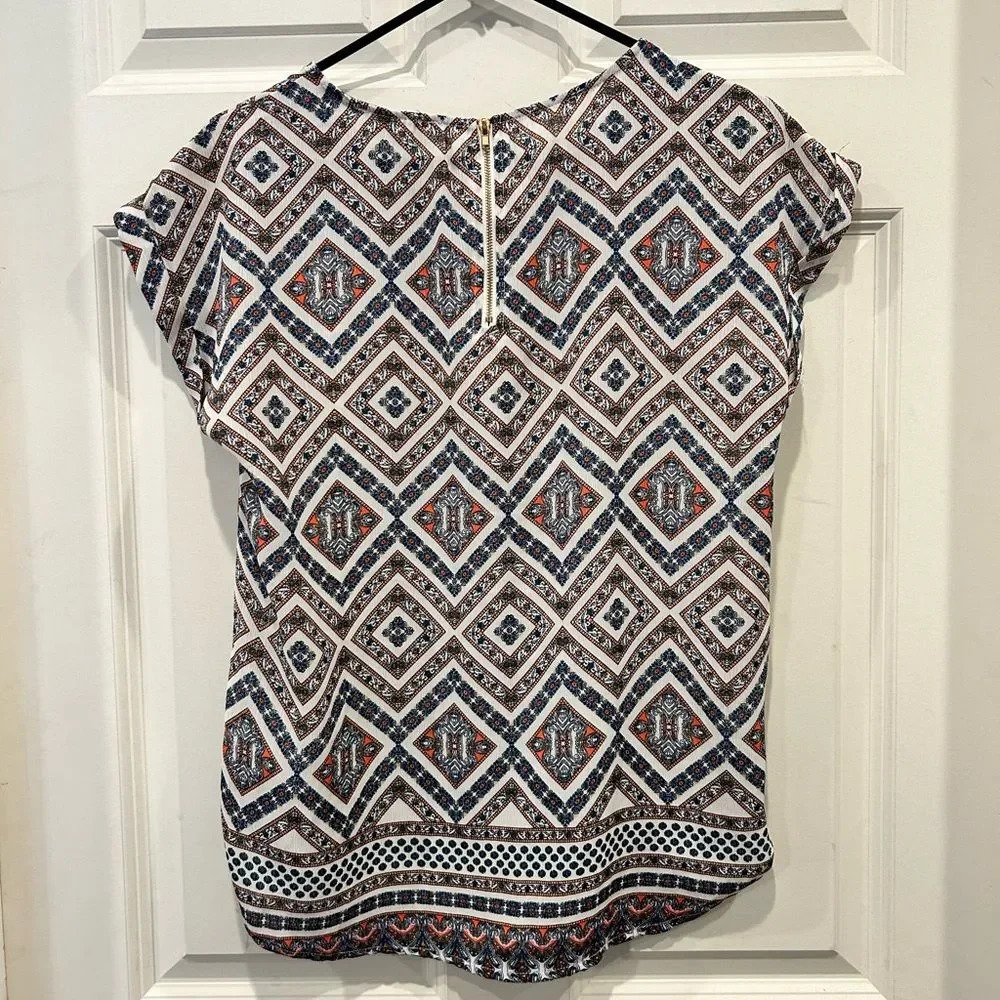 Pink Republic Rust Diamond Border Shirttail hem cap sleeve shirt blouse Medium - Picture 7 of 8